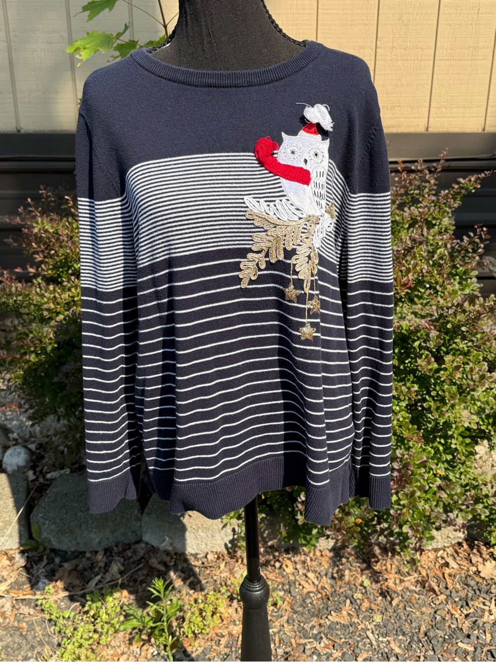 CJ Banks Navy and White Striped Crewneck Sweater with Embroidered Owl